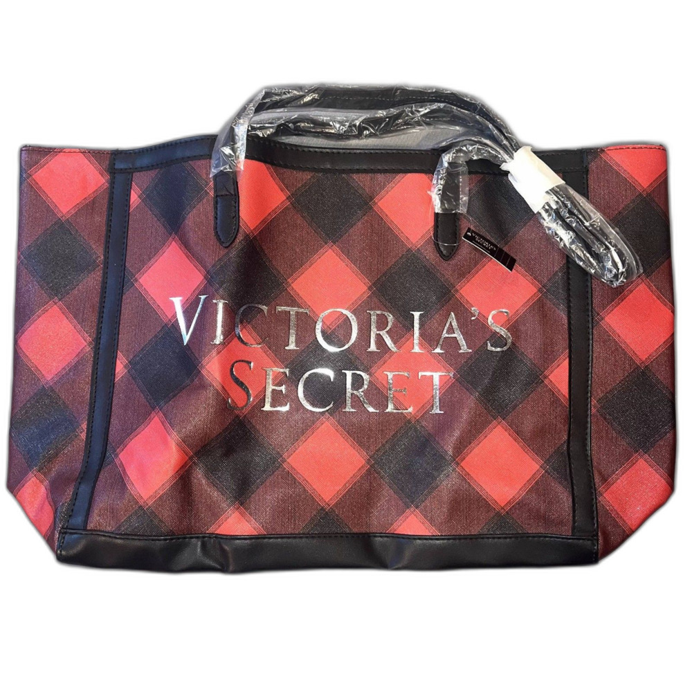 NWT Victoria's Secret Tote Bag Black Red Plaid Christmas Holiday Crossbody Strap